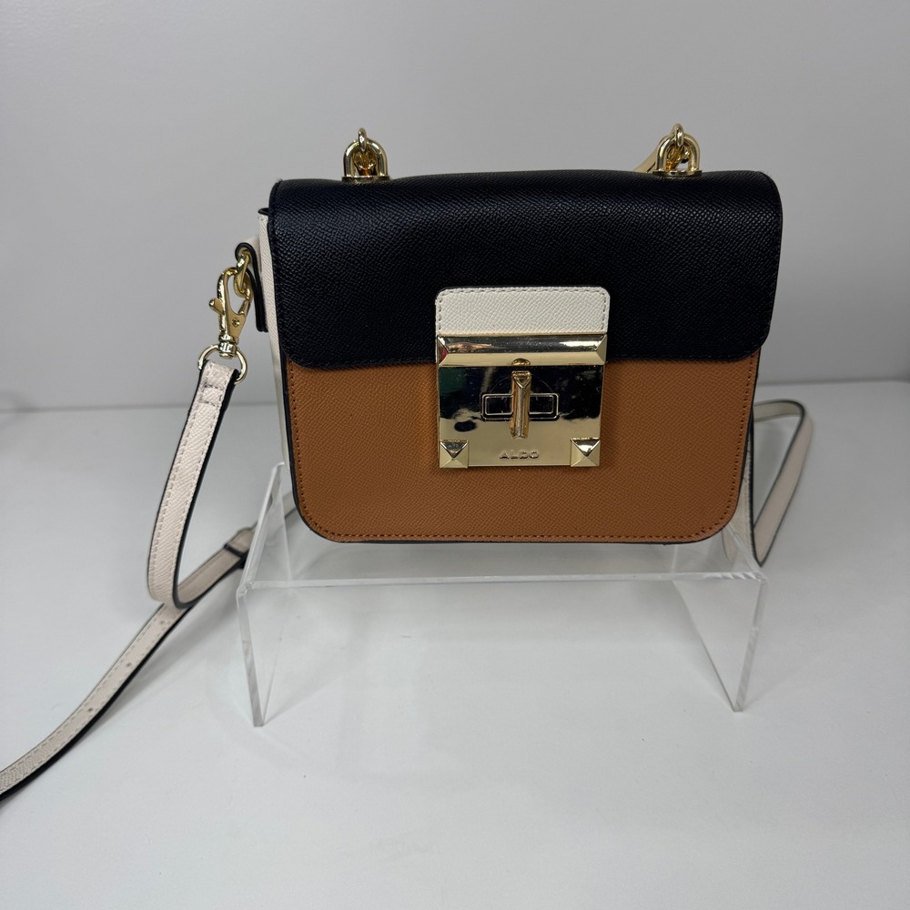 Aldo Colorblock Satchel Bag Black Brown Cream Gold Hardware Quiet Luxury